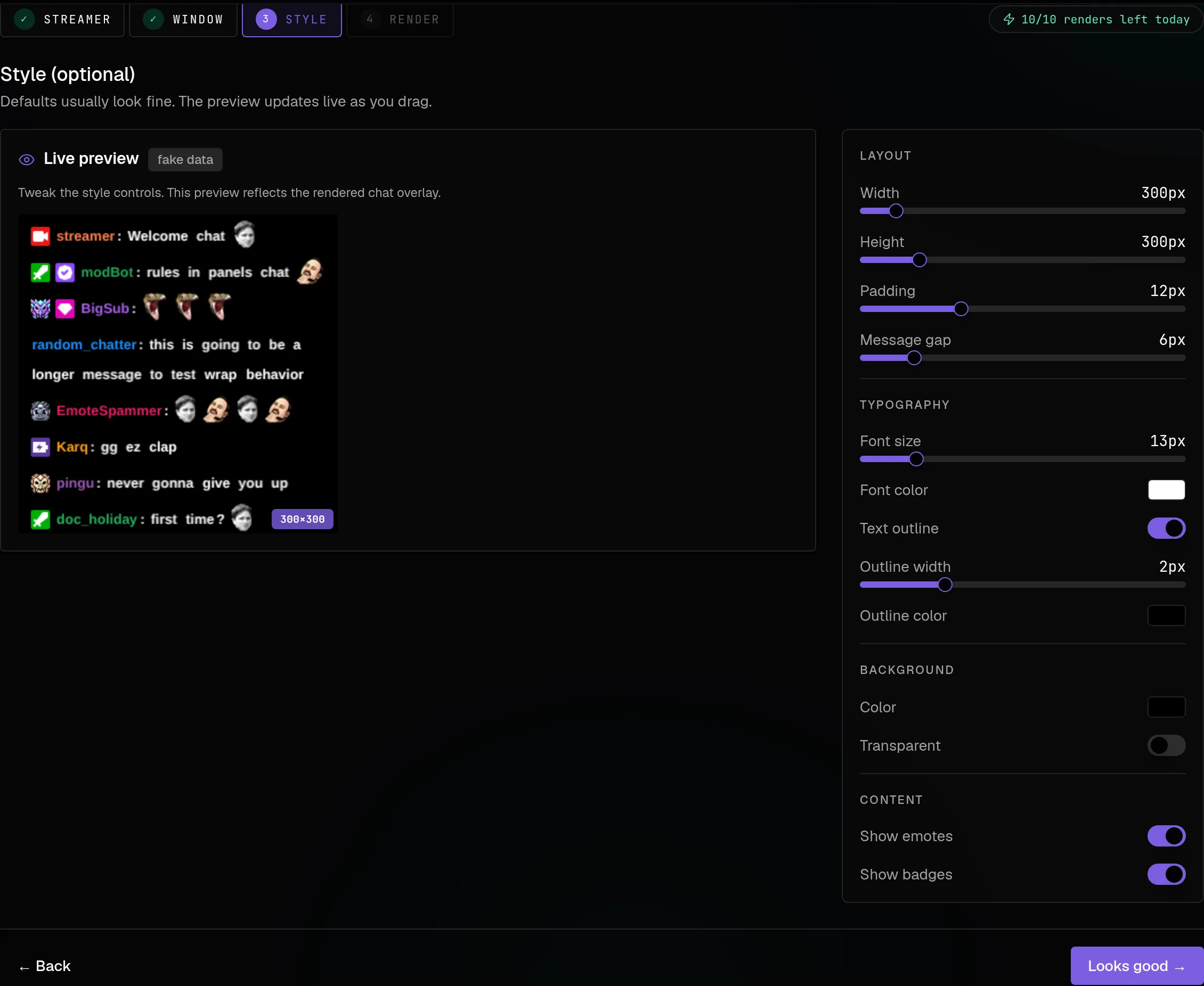 The free chat overlay renderer on the style step, with a live preview of the chat box and sliders for layout, typography and background.