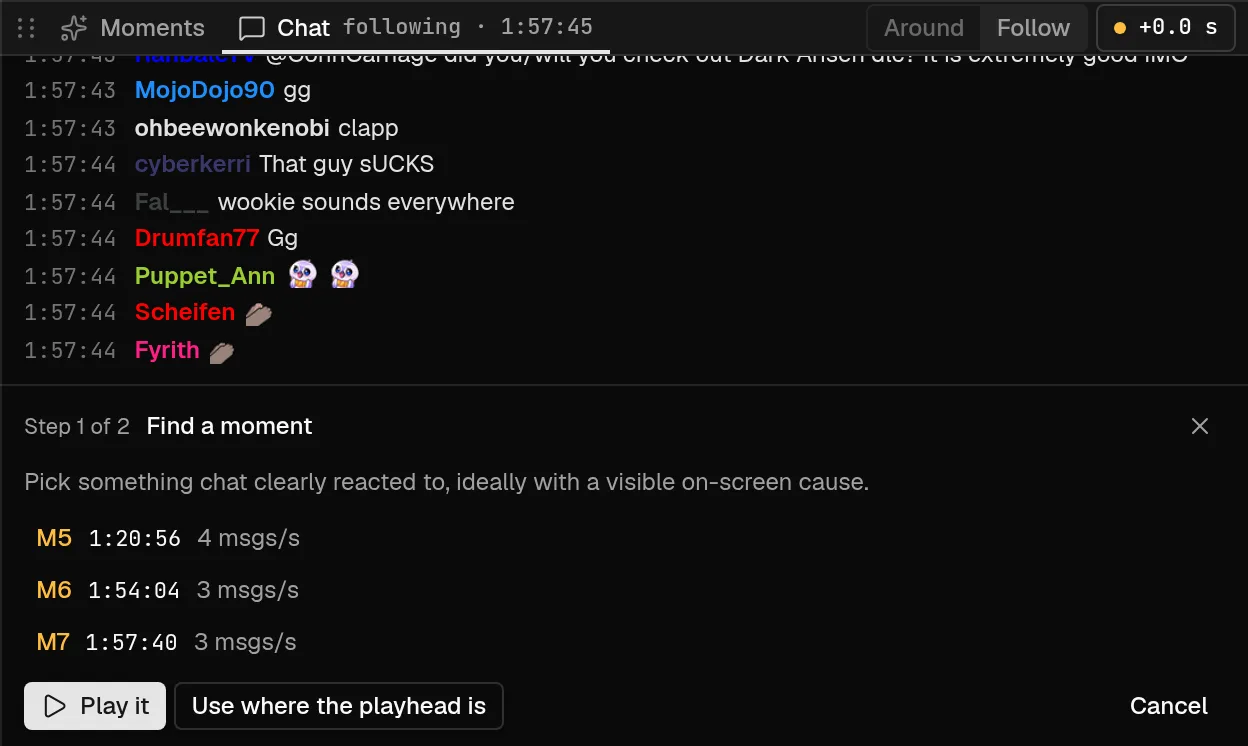 The Chat panel on a CohhCarnage VoD with the chat sync card open at Step 1 of 2, Find a moment, listing candidate moments with Play it and Use where the playhead is.