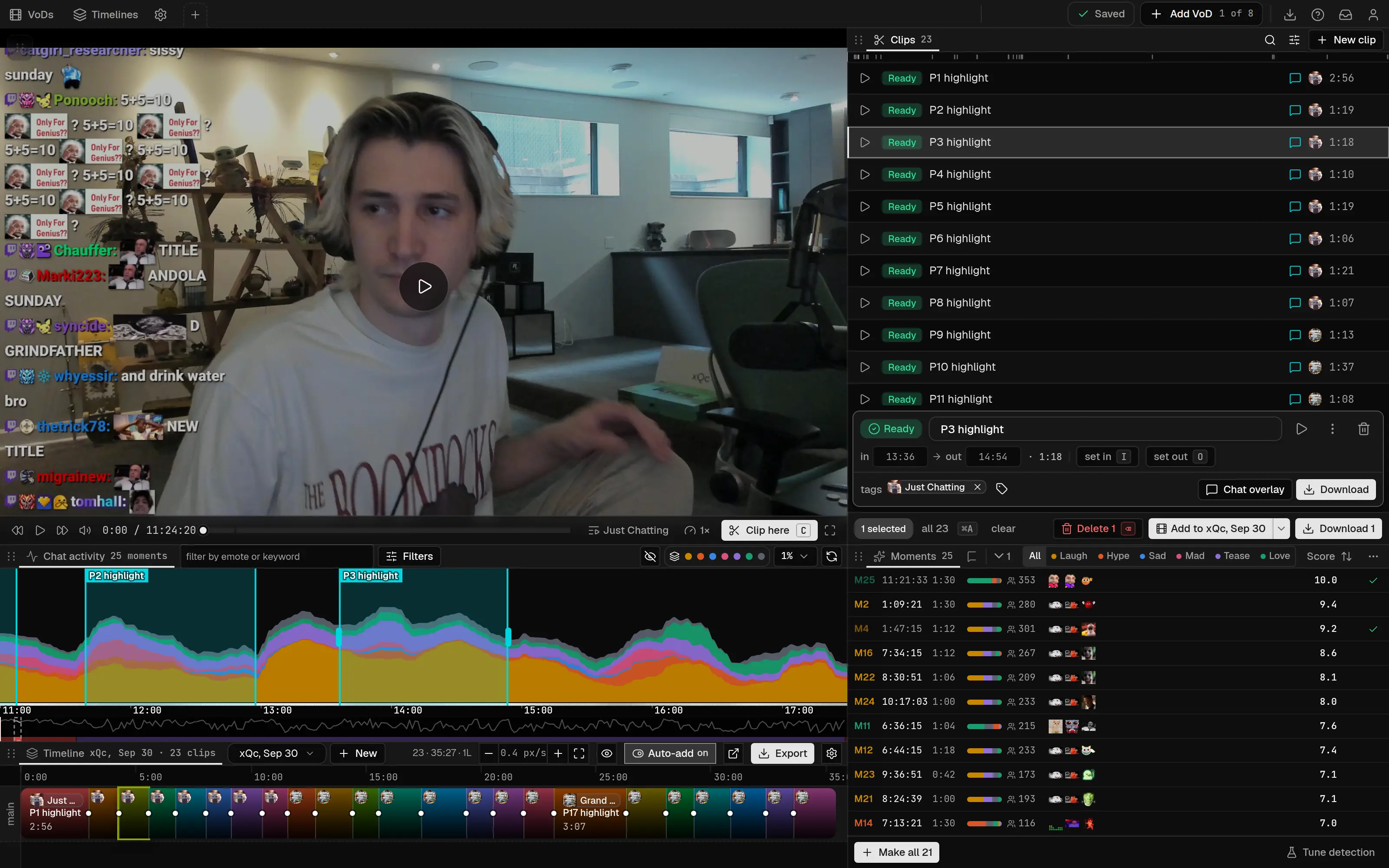 The editor on an xQc VoD with the clip P3 highlight selected: the clips list, its range and tags, the Chat overlay and Download buttons, and the clip shaded on the graph.
