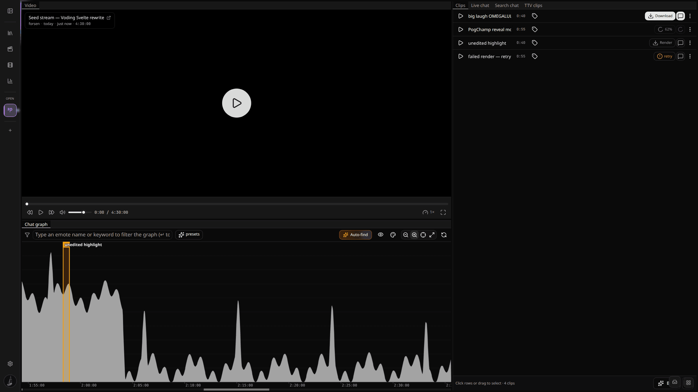 Editor zoomed in around a single clip — bracket and label are visible against the activity graph
