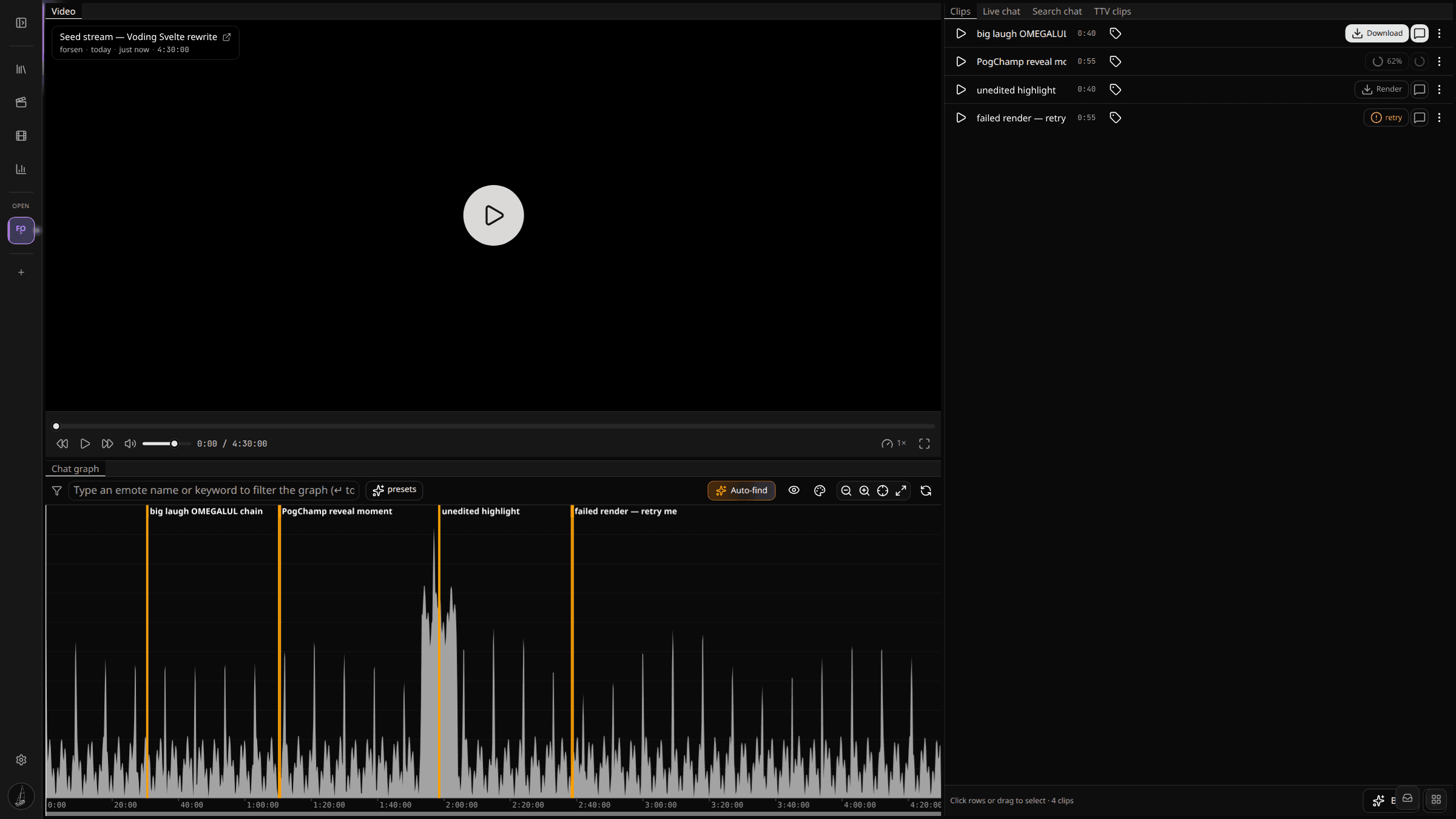 Chat activity graph with clip brackets overlaid on a real VoD