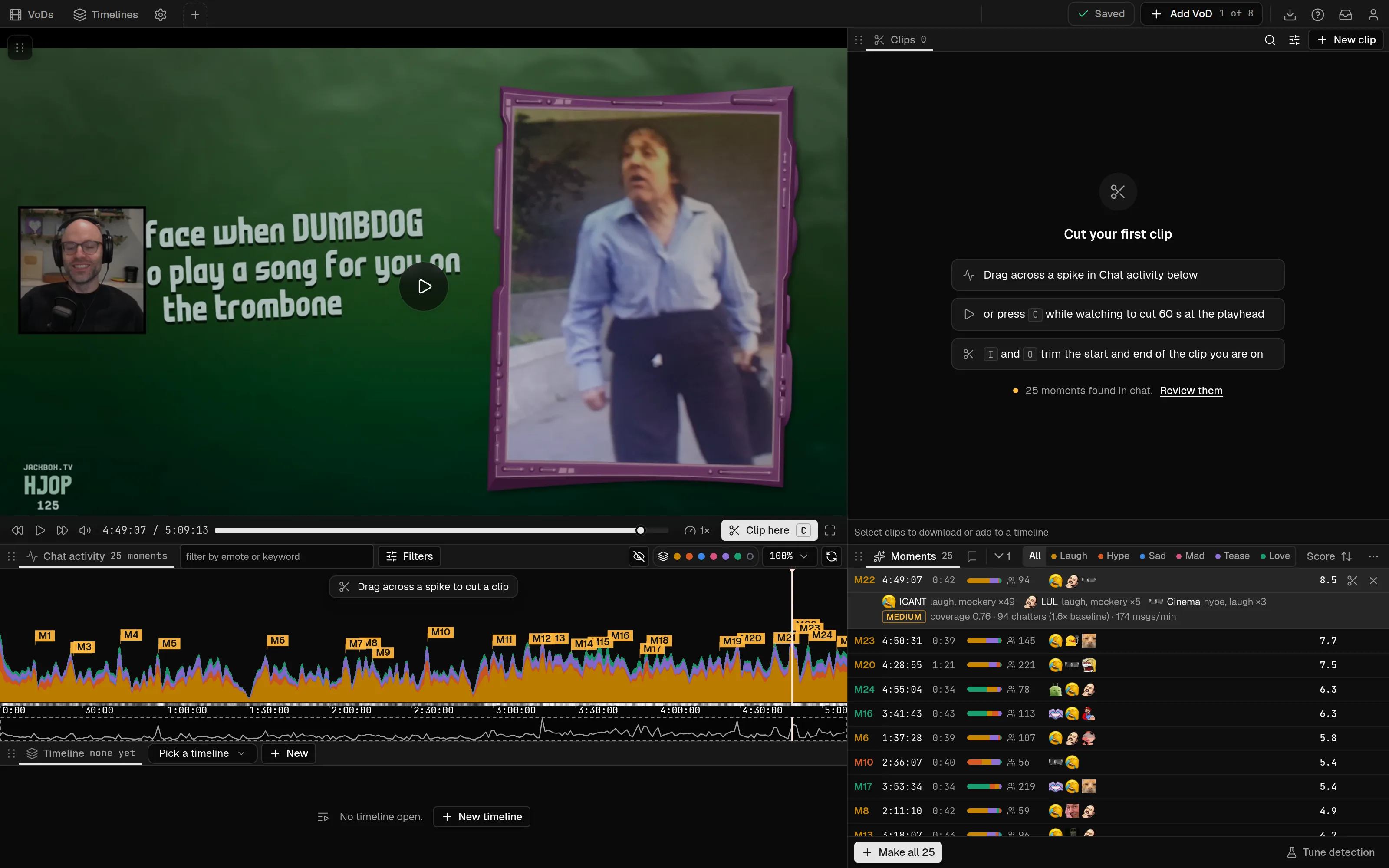 The editor on a Northernlion VoD at its top moment, with the video, the Chat activity graph and the Moments panel open.