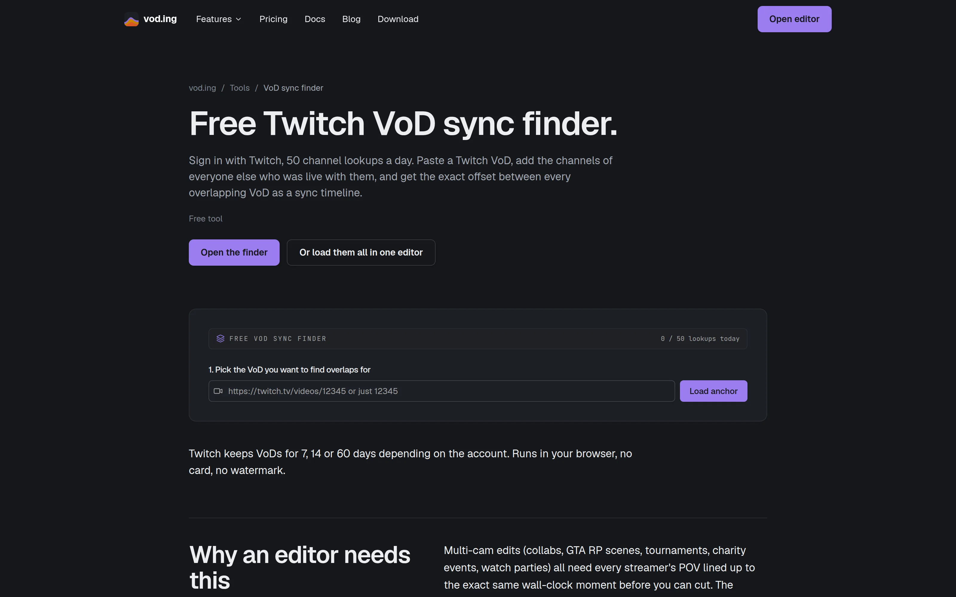 The free VoD sync finder at vod.ing/free-vod-sync, with the anchor VoD box and the lookups left today.