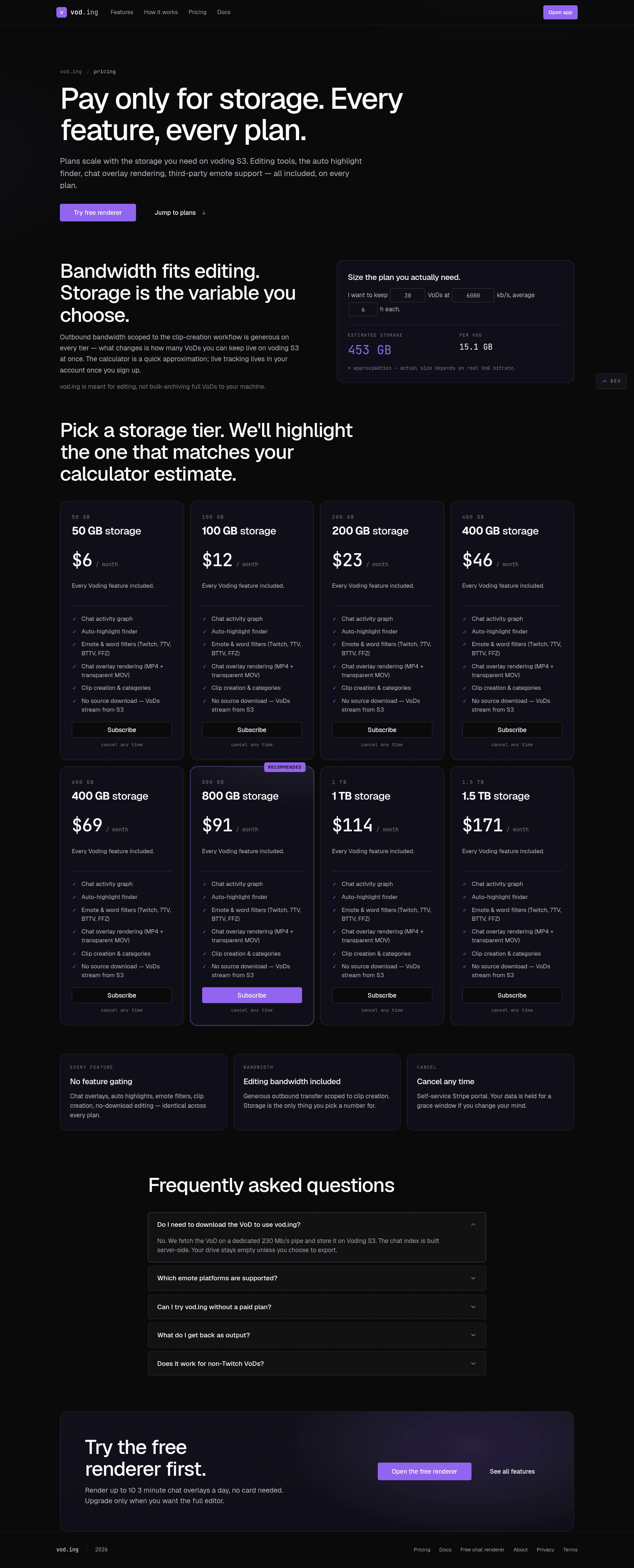 Pricing page with the storage calculator and plan ladder