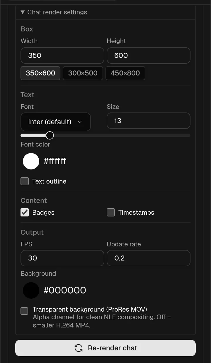 The Chat render settings in the timeline inspector for an xQc clip: box size, font, content toggles, update rate and the transparent background switch.