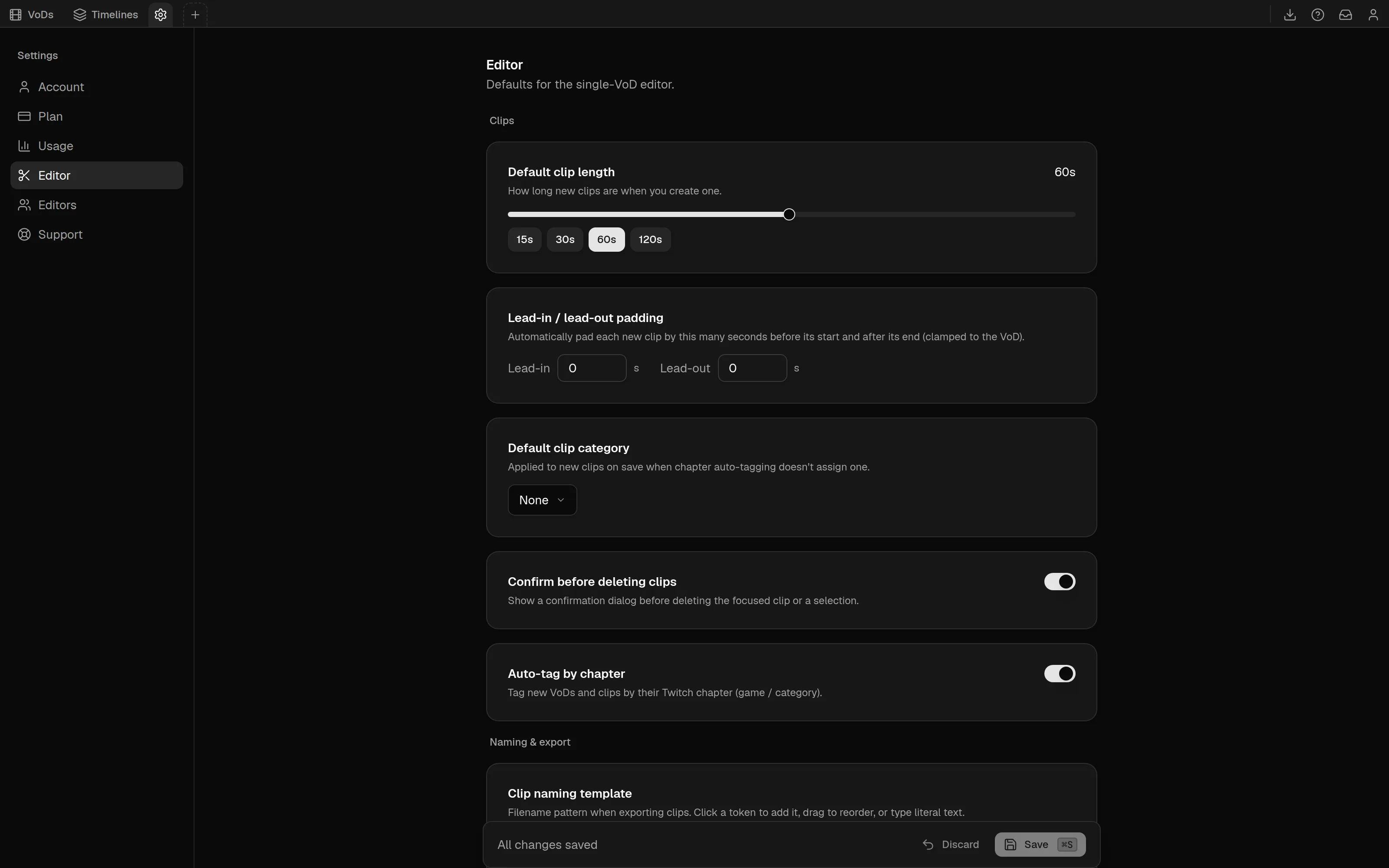 The Editor settings page, in the same Settings sidebar as Editors, with the clip defaults and the save bar.
