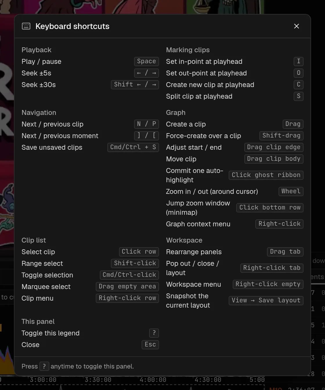 The Keyboard shortcuts window open over the editor on a Northernlion VoD.