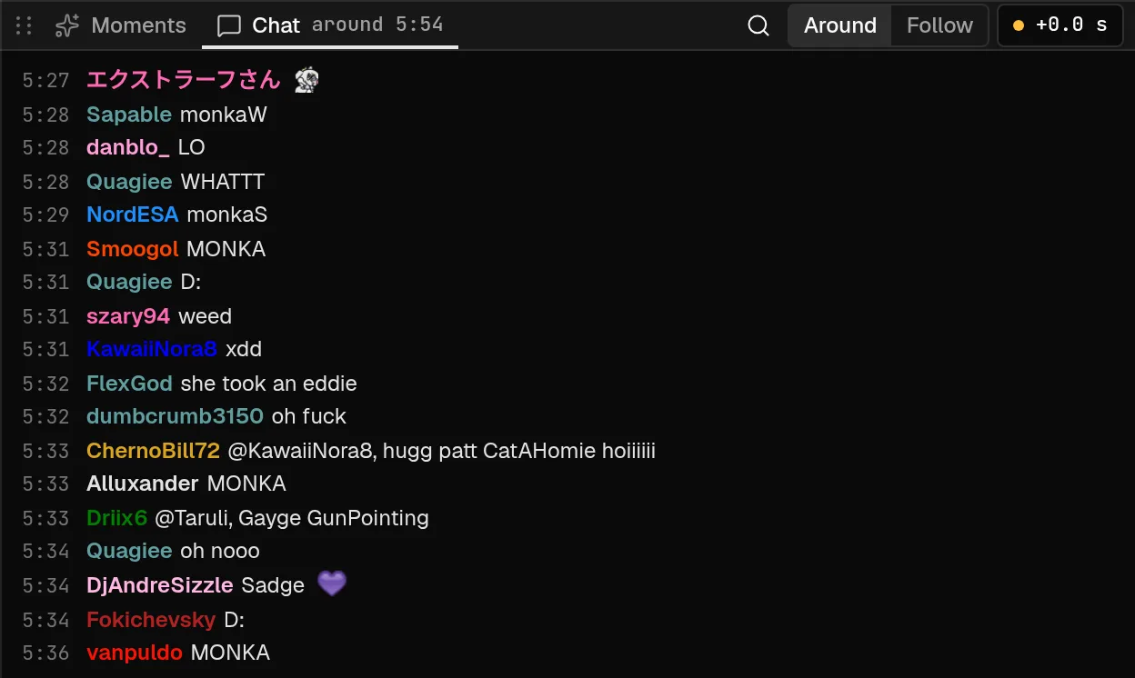 The Chat panel on a sodapoppin VoD at a busy moment, with timestamps, chatter names and emotes.
