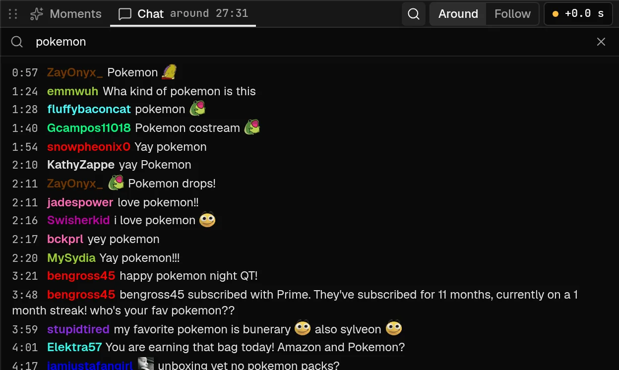 The Chat panel on a QTCinderella VoD with the search box open and the query pokemon, listing matching messages with their times.