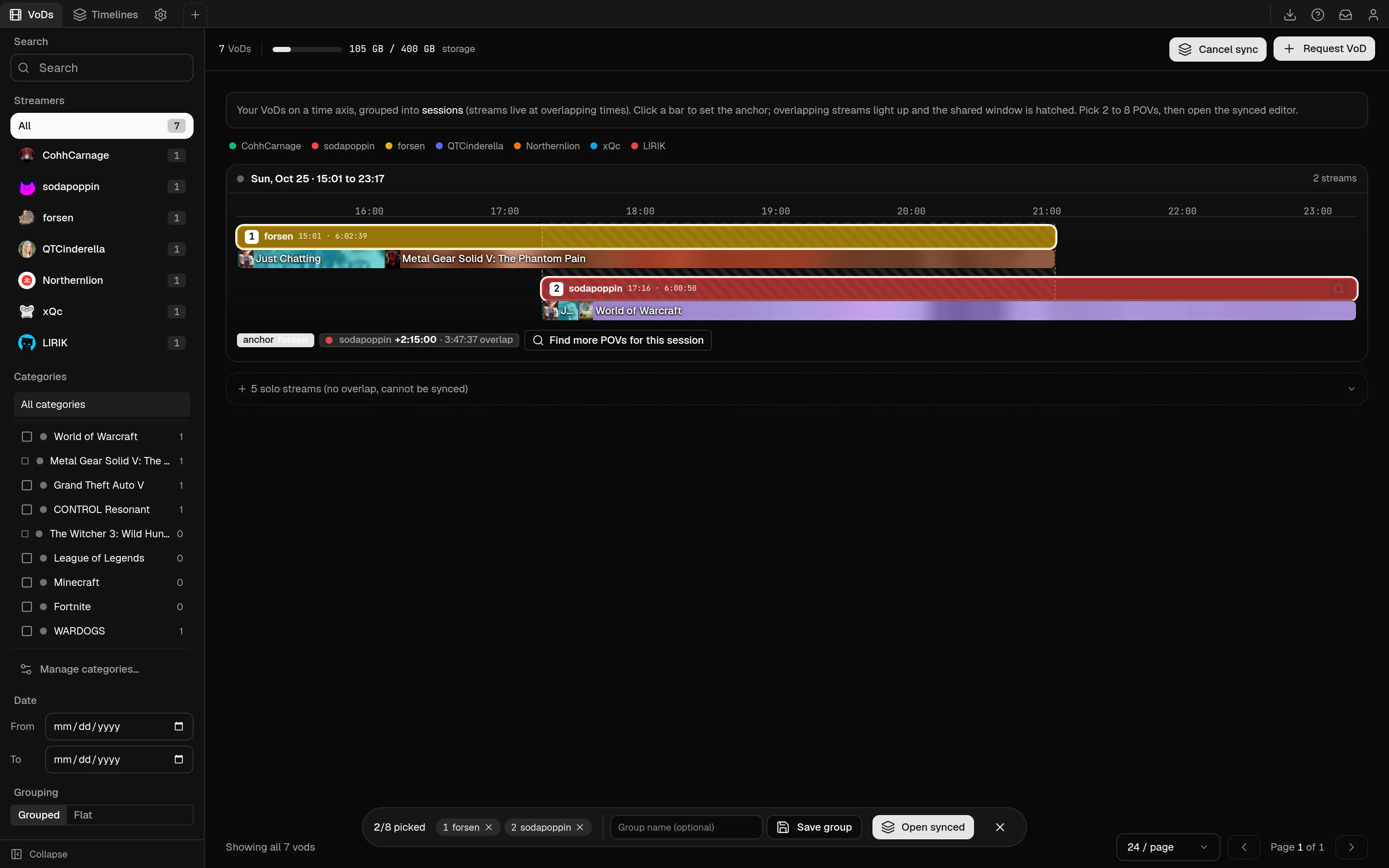 The library in sync mode, showing the forsen and sodapoppin VoDs of the same evening on a time axis with their overlap hatched and both picked.