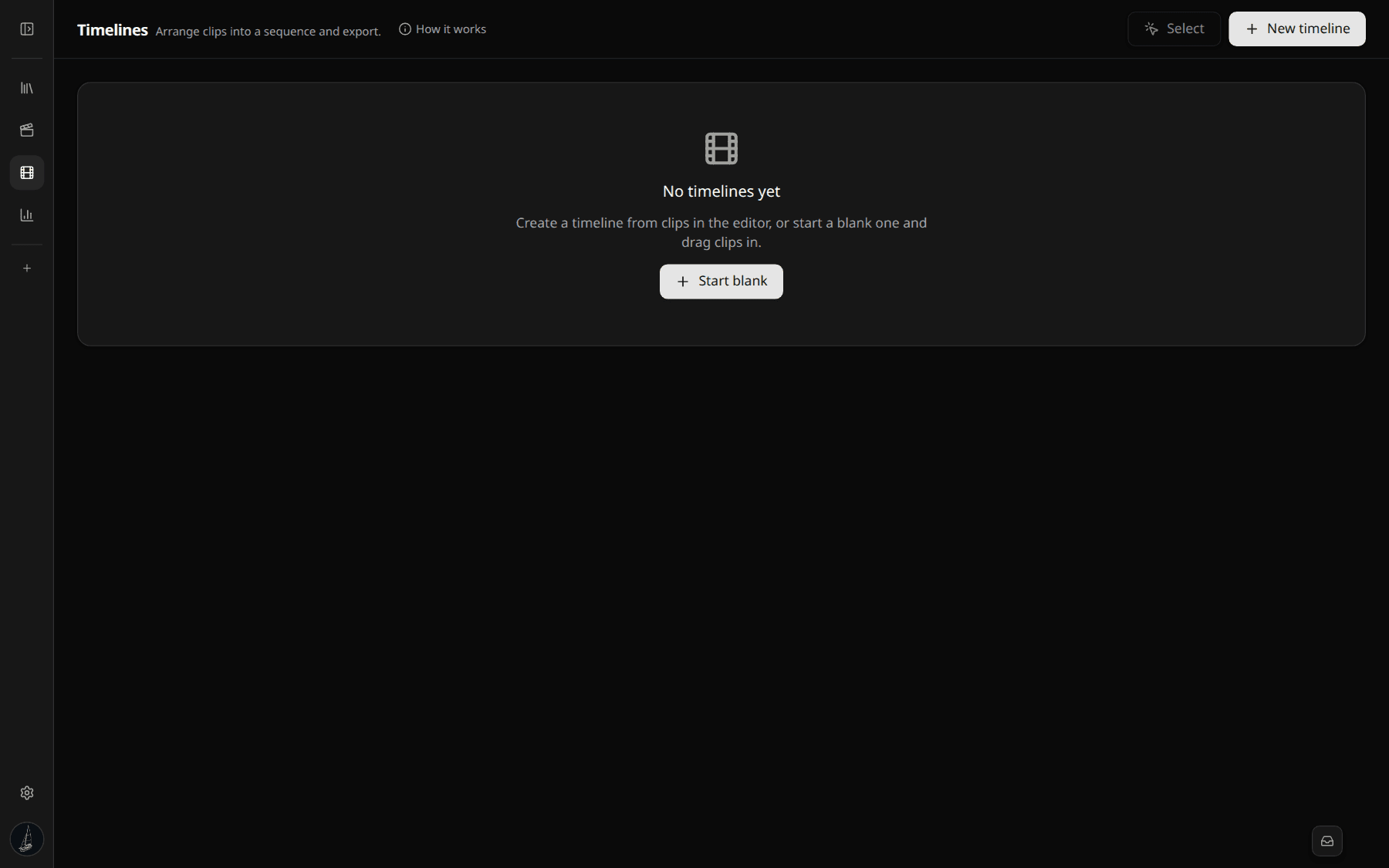 Timelines page — empty state with "Start blank" CTA