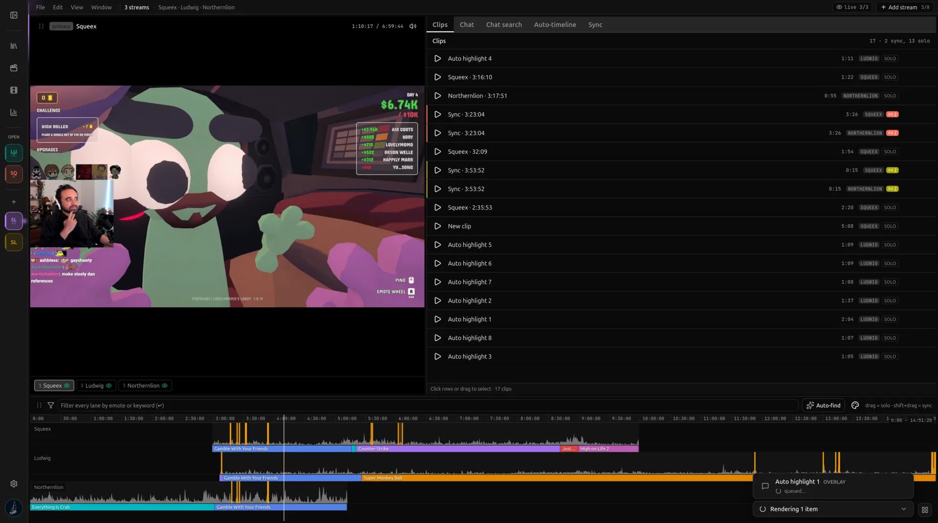 Multistream sync editor with two Twitch VoDs stacked on a shared timeline, each with its own chat activity graph above it