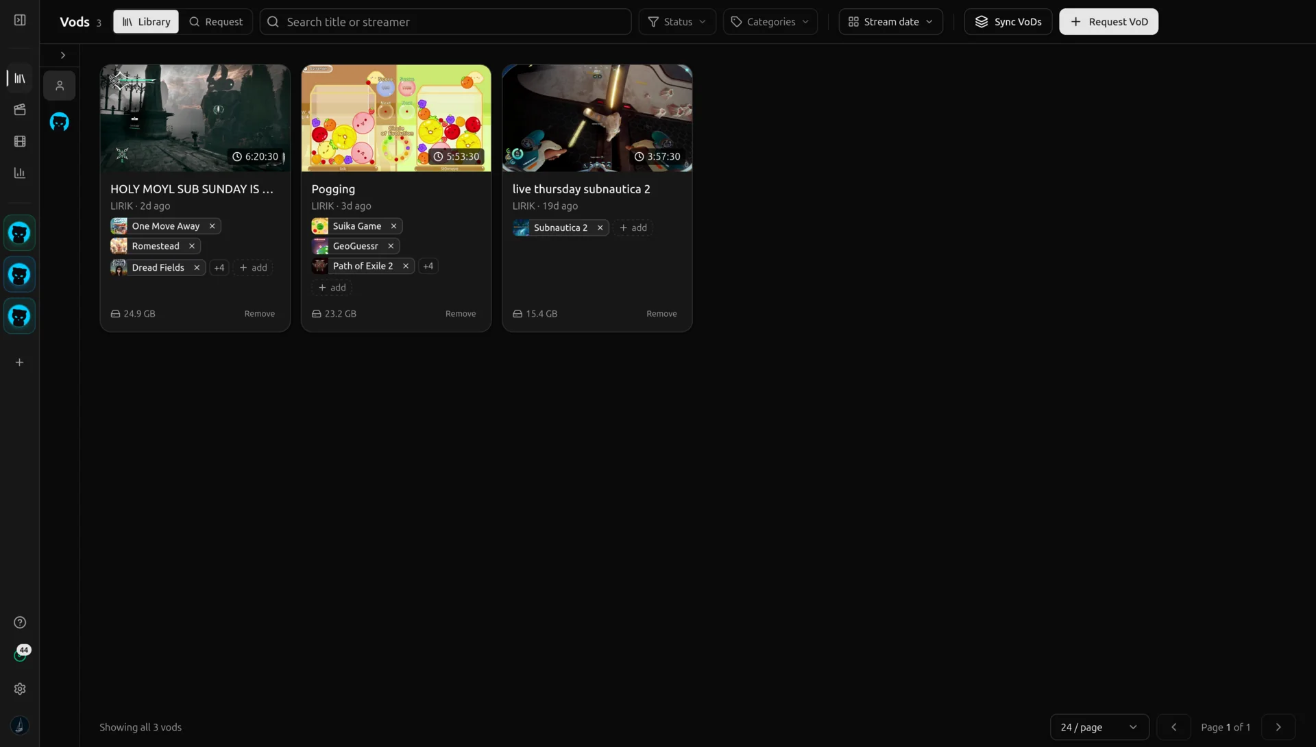 The vod.ing VoD library showing requested Twitch streams with thumbnails and durations