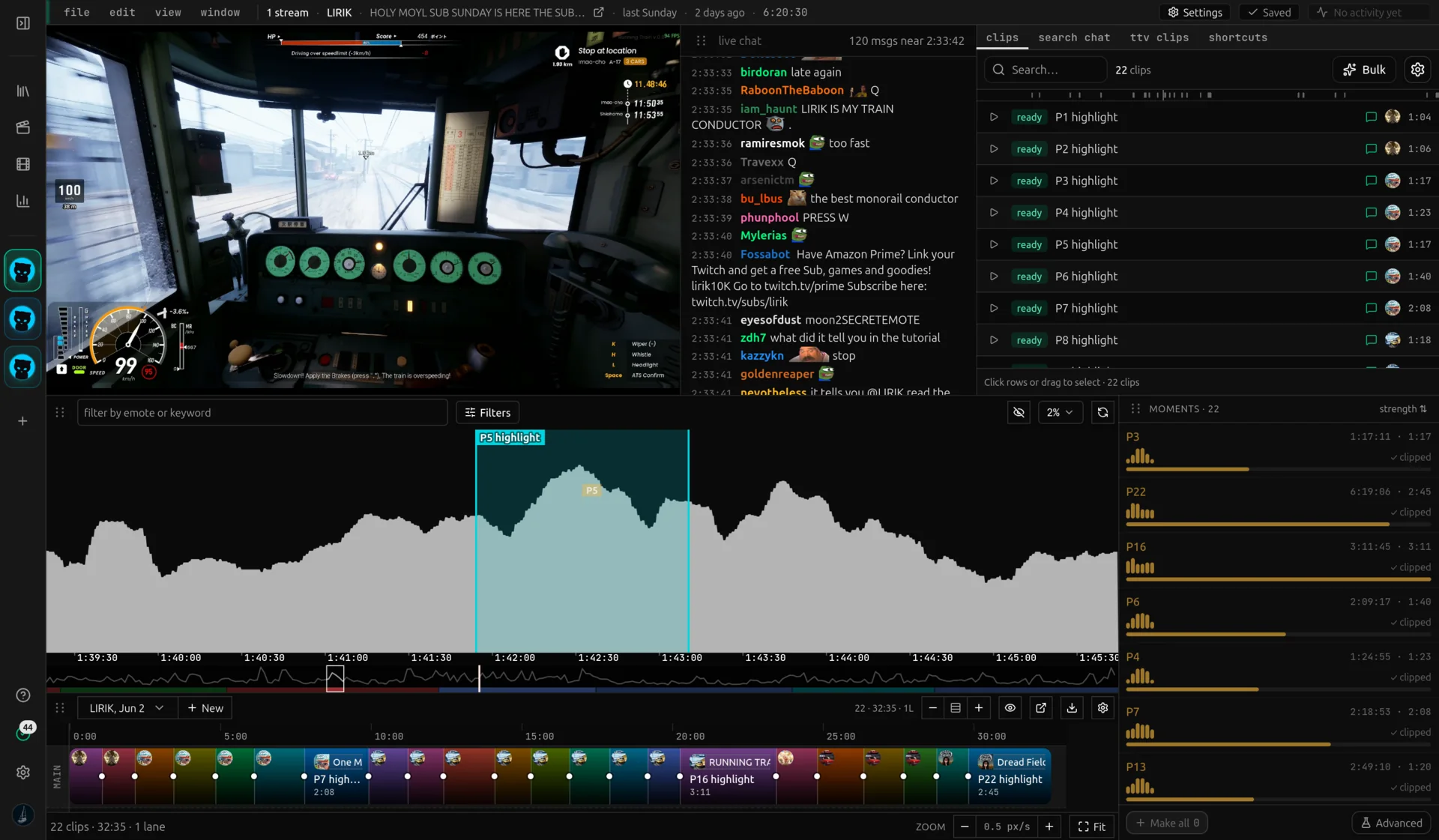 The vod.ing editor with a chat-activity graph and bracketed clip regions below a video player