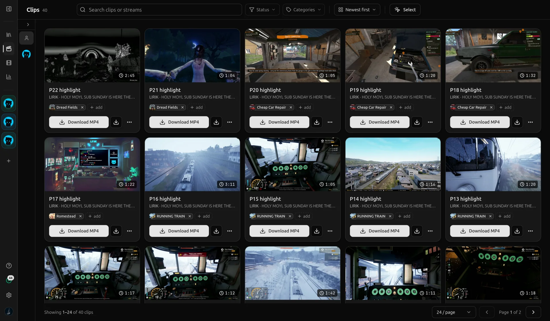 The vod.ing clips manager showing a grid of clip cards with render states and thumbnails