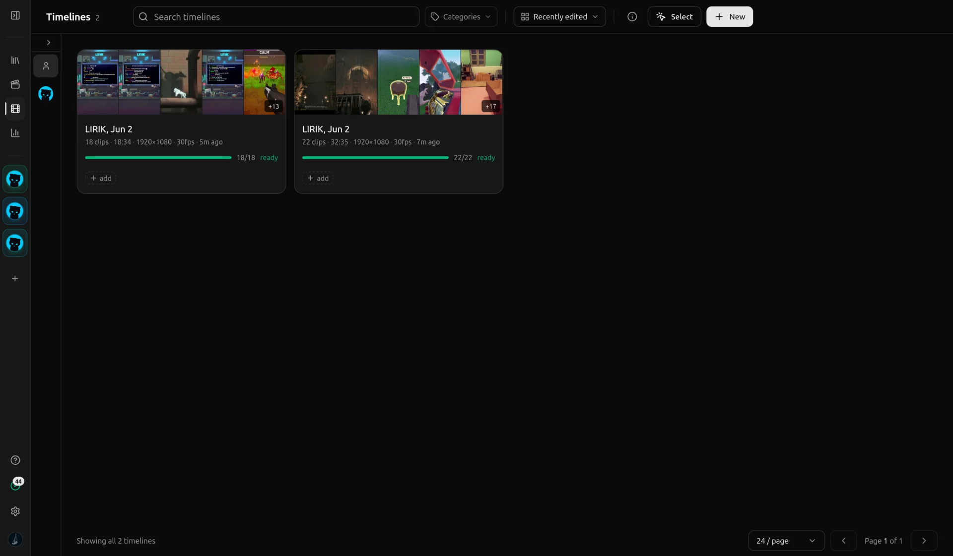 The vod.ing timelines view showing timeline cards with clip counts, durations, and render progress