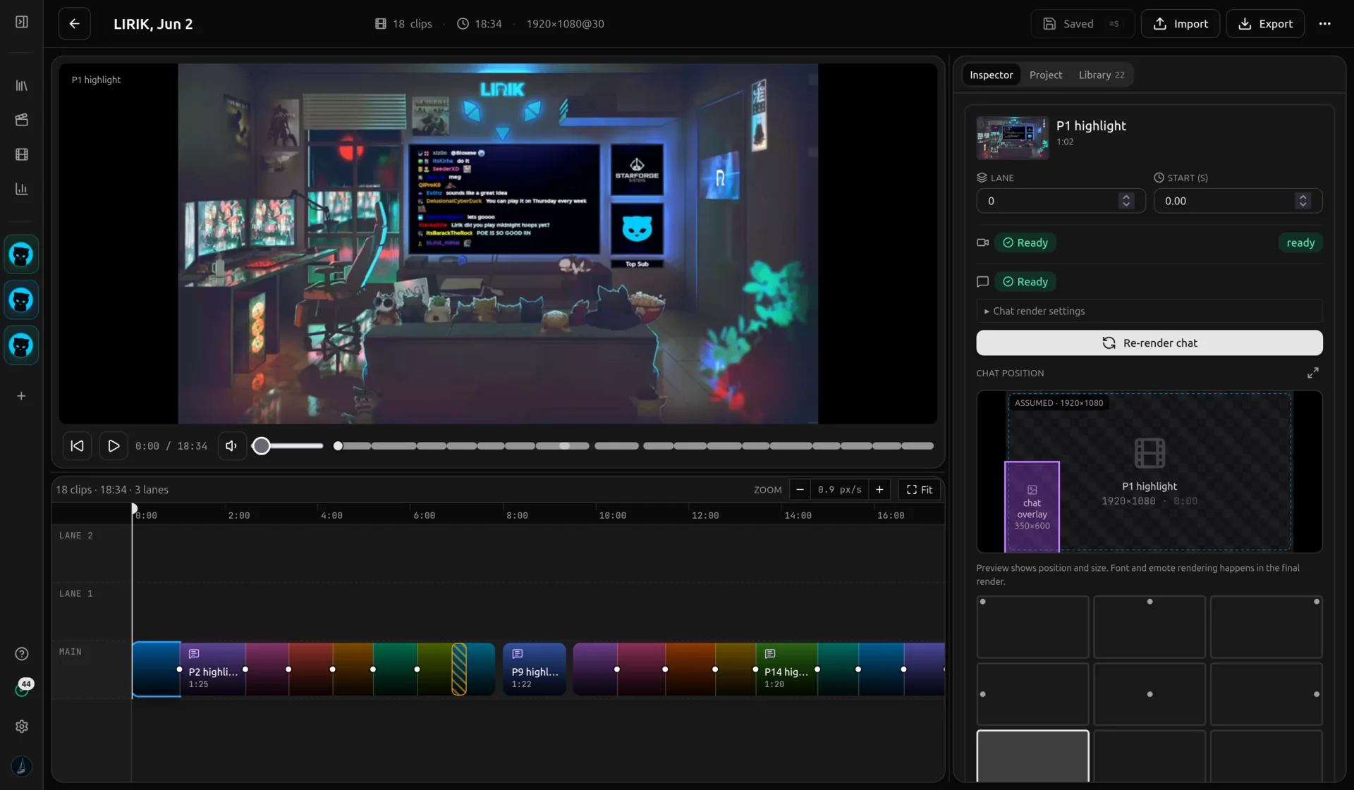A vod.ing timeline with clips arranged in order, showing per-clip render progress
