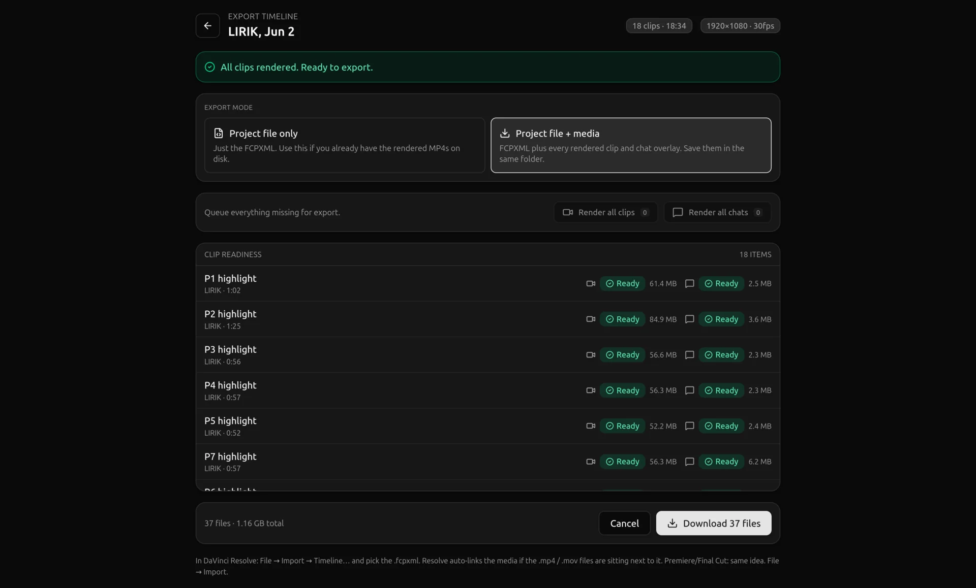 The vod.ing timelines view highlighting the export action for rendered clips and FCPXML