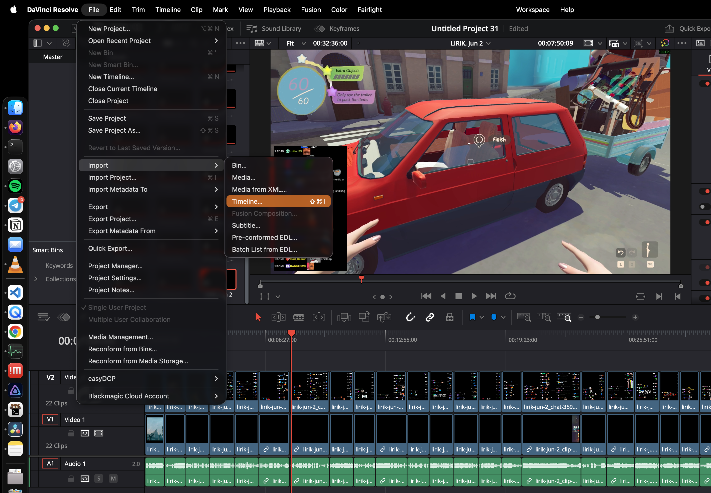 The vod.ing timelines view highlighting the export action for rendered clips and FCPXML