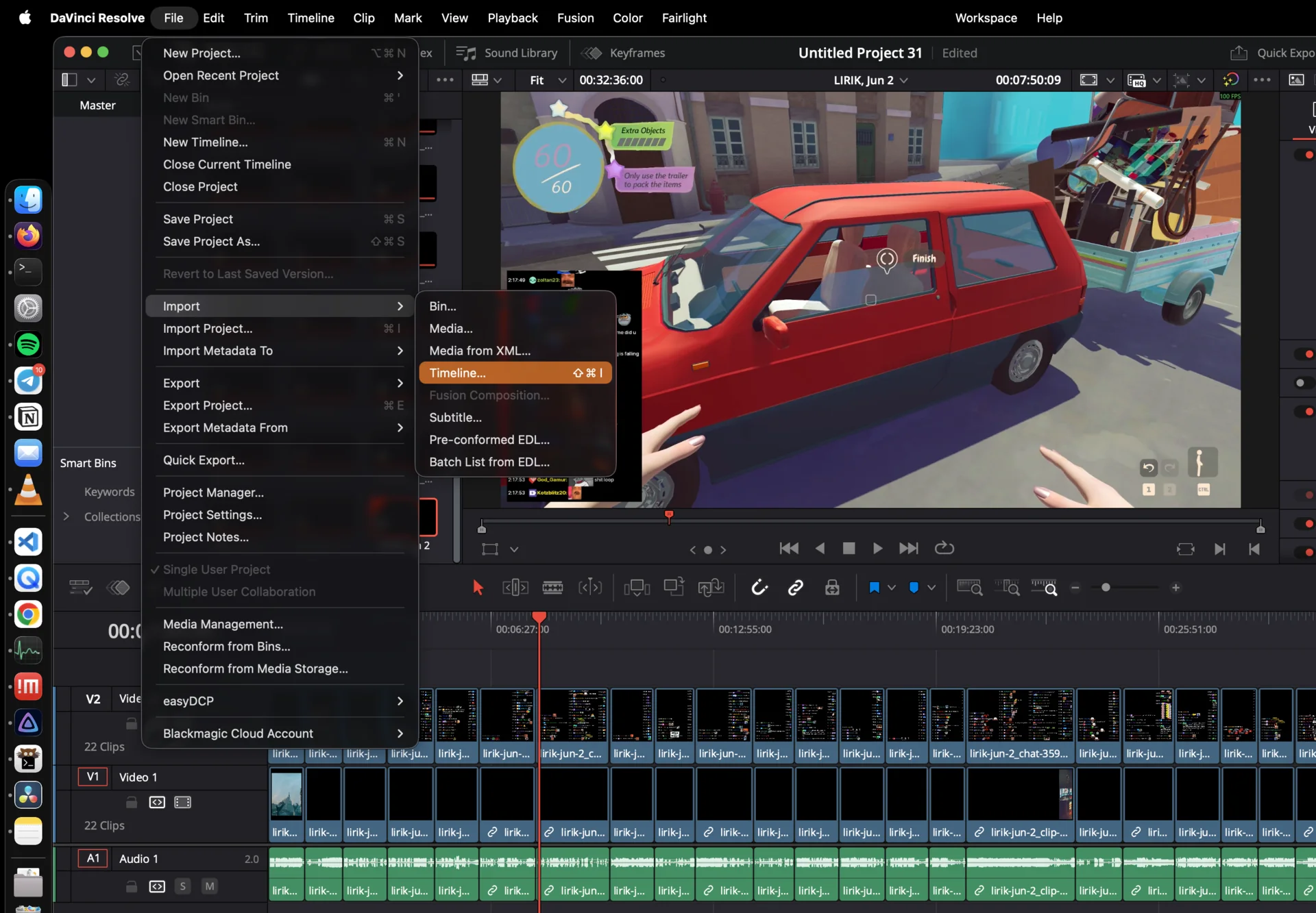The vod.ing timelines view highlighting the export action for rendered clips and FCPXML